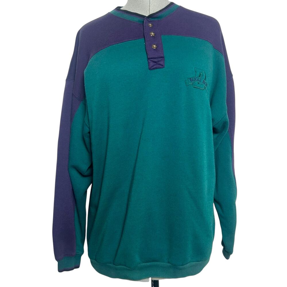 Vintage Bugle Boy Co. Purple and Teal Colorblock Henley Sweatshirt Size L